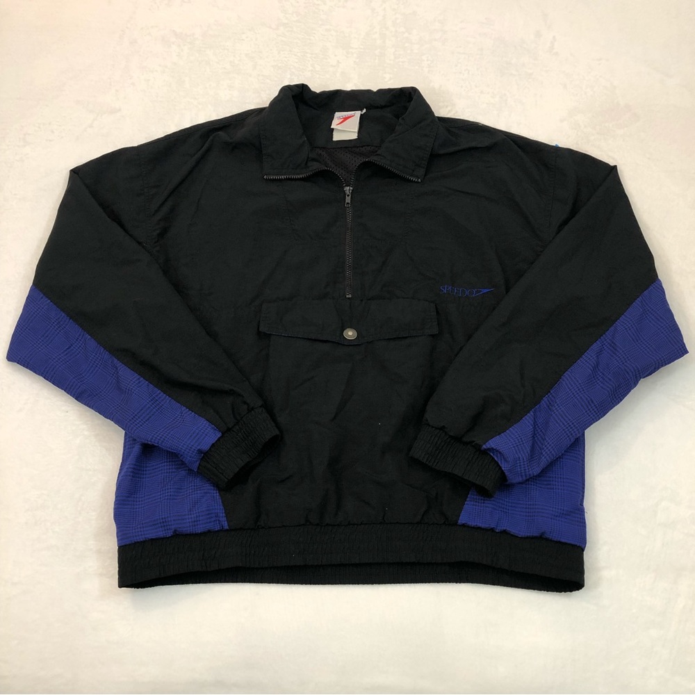Vintage 90s Speedo Black & Purple Plaid Anorak Windbreaker Surf Jacket Mens XL.